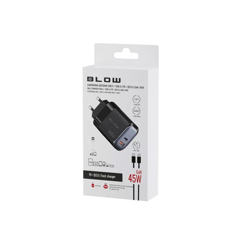 Cargador de pared USB-A USB-C PD 45W + cable