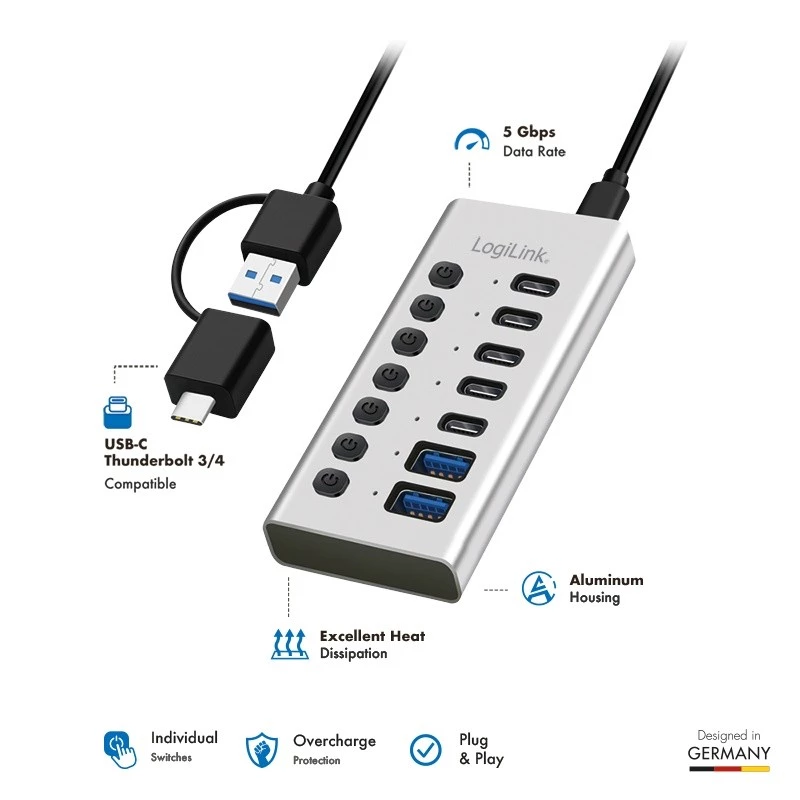 Hub USB 3.2 Gen1 7 puertos USB-A/C, interruptor de encendido/apagado