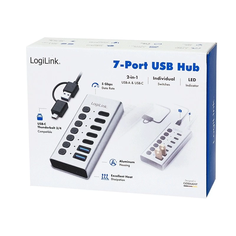 Hub USB 3.2 Gen1 7 puertos USB-A/C, interruptor de encendido/apagado