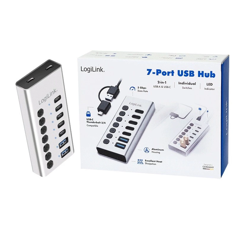 Hub USB 3.2 Gen1 7 puertos USB-A/C, interruptor de encendido/apagado