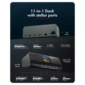 DockingStation 11 en 1 con puertos de carga Power Delivery y gran pantalla LCD, con adaptador de carga GaN de 160 W