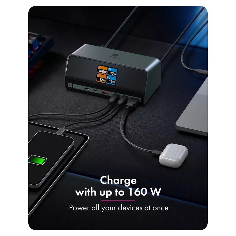 DockingStation 11 en 1 con puertos de carga Power Delivery y gran pantalla LCD, con adaptador de carga GaN de 160 W