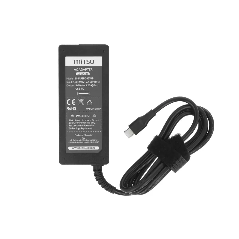 Fuente de alimentación para portátil 65W USB-C 5V-9V-12V-15V-20V/3A, 20V/3,25A PD