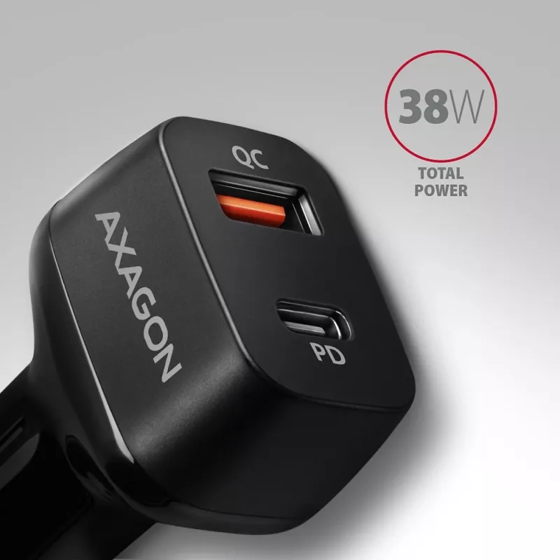 Cargador de coche AXAGON PWC-PQ38 38W 2x puerto USB-A+C