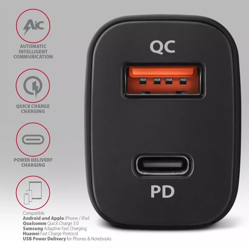 Cargador de coche AXAGON PWC-PQ38 38W 2x puerto USB-A+C