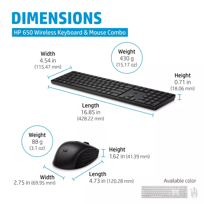 HP 650 Combo de teclado y ratón inalámbrico, tamaño completo (100%), inalámbrico, RF inalámbrico, membrana, negro, ratón incluido