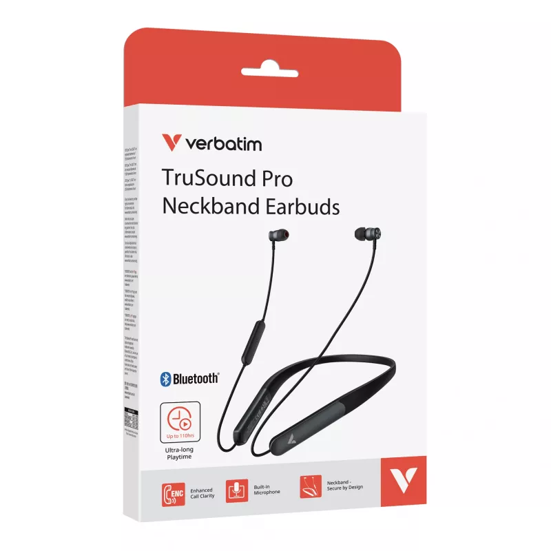 Verbatim TruSound Pro auriculares de cuello negros, inalámbricos, música/uso diario, 20 - 20000 Hz, 74 g, auriculares, negro