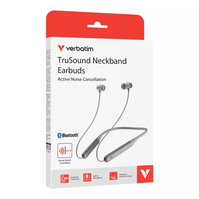 Verbatim TruSound ANC auriculares de cuello gris, inalámbricos, 20 - 20000 Hz, música/uso diario, 46.5 g, auricular, gris