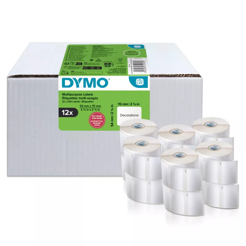 DYMO Authentic LabelWriter etiquetas multiuso | 54 mm x 70 mm | autoadhesivas | 12 rollos con 320 etiquetas Easy-Peel (3.840 unidades) | para impresoras de etiquetas LabelWriter | fabricadas en Europa