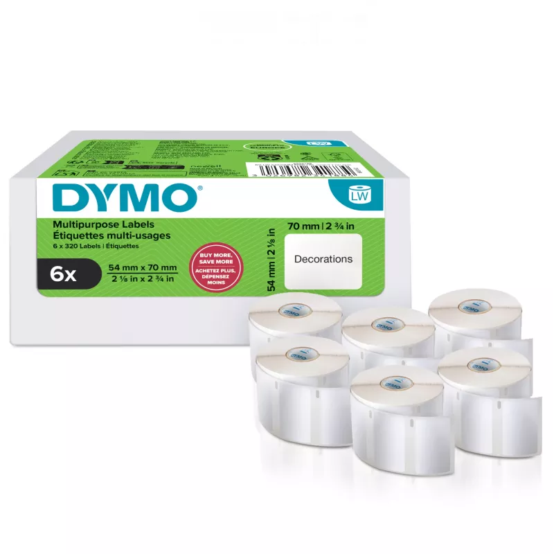 DYMO Original LabelWriter etiquetas multiuso | 54 mm x 70 mm | autoadhesivas | 6 rollos con 320 etiquetas fácilmente despegables cada uno (1.920 unidades) | para impresoras de etiquetas LabelWriter | fabricadas en Europa