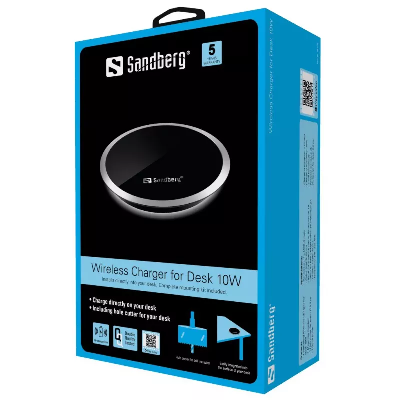 Sandberg Cargador inalámbrico para escritorio 10W, Interior, USB, Carga inalámbrica, 0,8 m, Negro