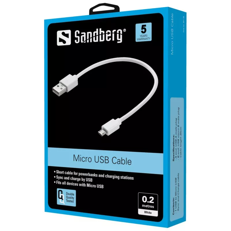 Sandberg Cable MicroUSB de sincronización/carga 0,2 m, 0,2 m, USB A, Micro-USB B, USB 2.0, Blanco