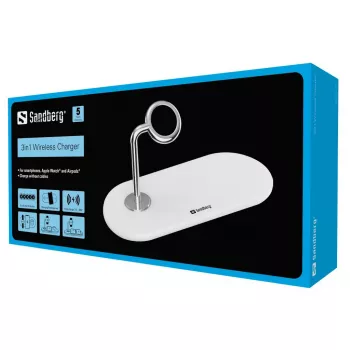 Sandberg Cargador inalámbrico 3en1, Interior, USB, Carga inalámbrica, 0,8 m, Plata, Blanco