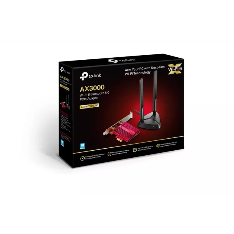 TP-Link AX3000 Wi-Fi 6 Bluetooth 5.0 Adaptador PCIe, Interno, Inalámbrico, PCI Express, WLAN / Bluetooth, 2402 Mbit/s, Negro, Rojo