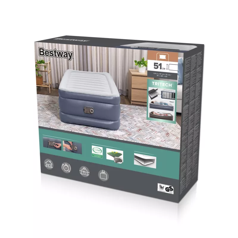 Bestway Tritech colchón de aire Twin con bomba AC integrada y revestimiento antimicrobiano 1,91 m x 97 cm x 51 cm