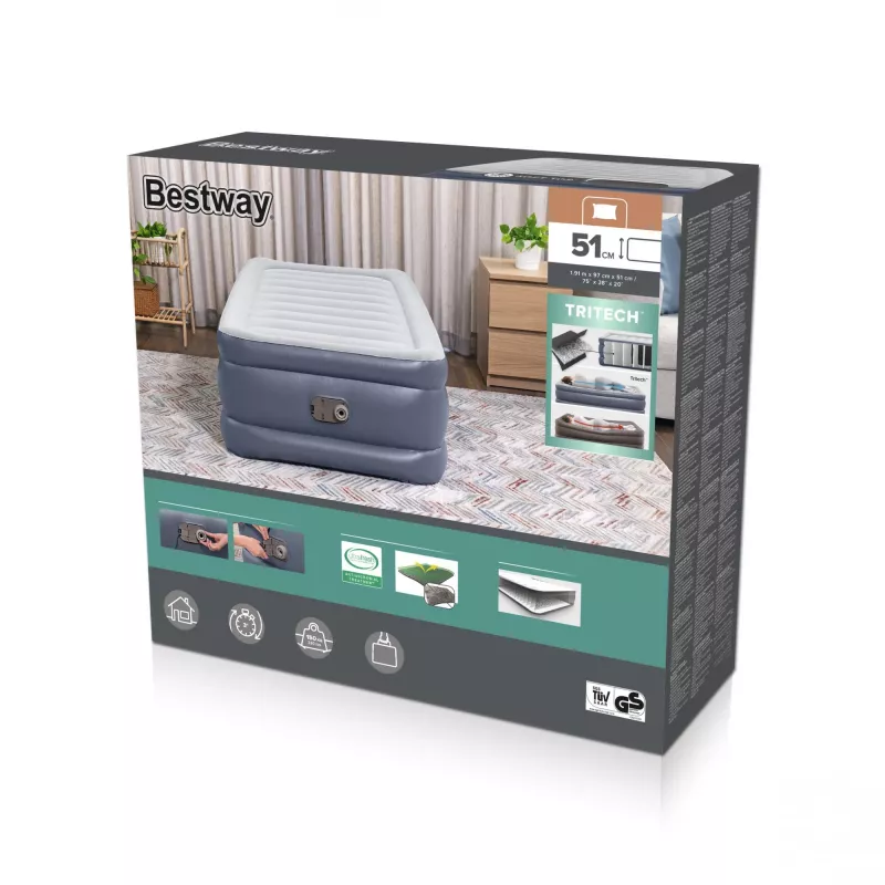 Bestway Tritech colchón de aire Twin con bomba AC integrada y revestimiento antimicrobiano 1,91 m x 97 cm x 51 cm