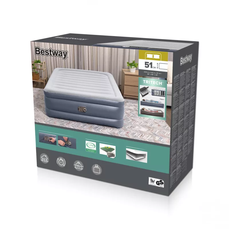 Bestway Tritech colchón de aire Queen con bomba AC integrada y revestimiento antimicrobiano 2,03 m x 1,52 m x 51 cm