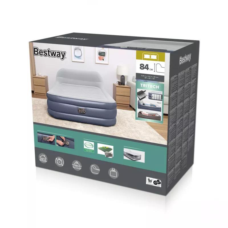 Colchón de aire Bestway Tritech SleekFlow con cabecera Queen, bomba AC integrada y recubrimiento antimicrobiano 2,26 m x 1,52 m x 84 cm