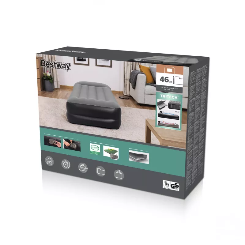 Bestway Tritech Colchón hinchable Twin con bomba AC integrada y recubrimiento antimicrobiano 1,91 m x 97 cm x 46 cm