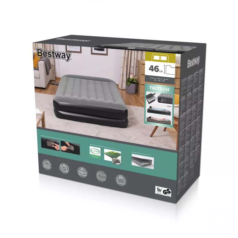 Bestway Tritech Colchón hinchable Queen con bomba AC integrada y recubrimiento antimicrobiano 2,03 m x 1,52 m x 46 cm