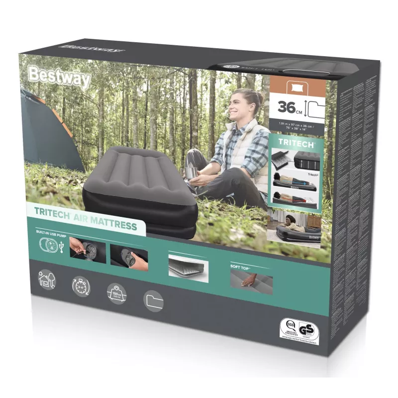 Bestway Tritech Colchón hinchable Twin con bomba USB integrada 1,91 m x 97 cm x 36 cm