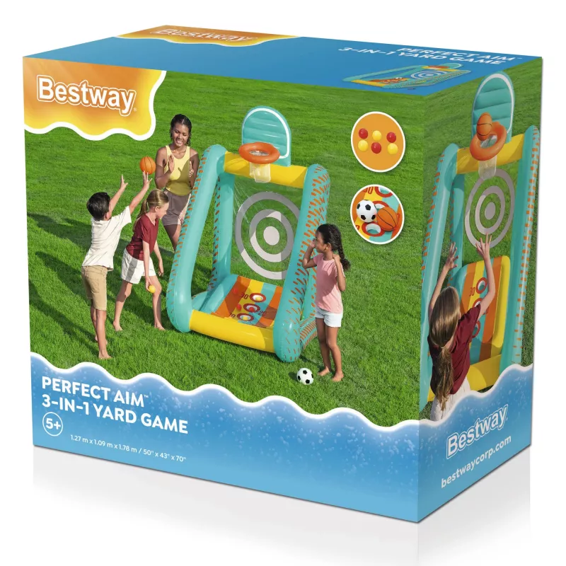 Bestway Perfect Aim Juego de jardín hinchable 3 en 1, Centro de juegos hinchable, 5 año(s), Policloruro de vinilo (PVC), Multicolor
