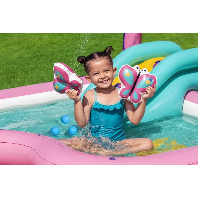 Bestway Butterfly Wonder Centro de juegos acuáticos y piscina hinchable para niños 1,80 m x 1,80 m x 1,17 m