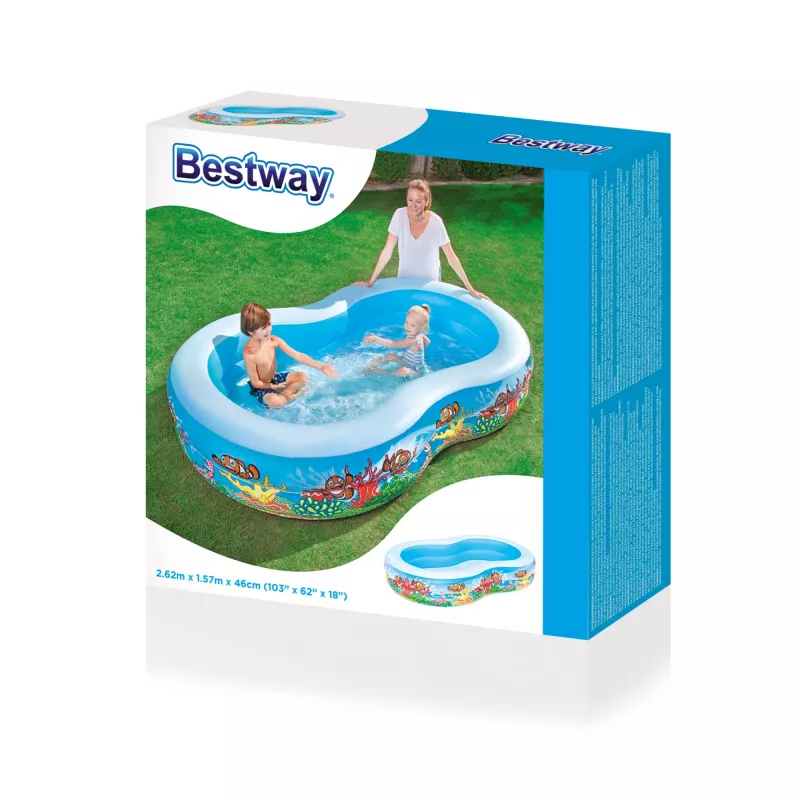 Bestway Piscina familiar hinchable 2,62 m x 1,57 m x 46 cm, Piscina hinchable, 544 L, Rectangular, Vinilo, Multicolor