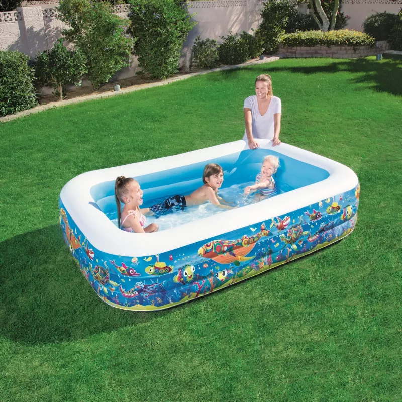 Bestway Piscina familiar hinchable 2,29 m x 1,52 m x 56 cm, Piscina hinchable, 702 L, Rectangular, 6 años, Vinilo, Multicolor