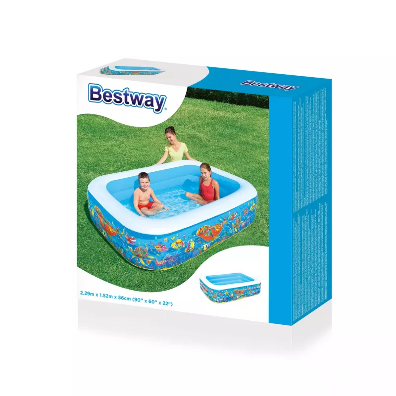 Bestway Piscina familiar hinchable 2,29 m x 1,52 m x 56 cm, Piscina hinchable, 702 L, Rectangular, 6 años, Vinilo, Multicolor