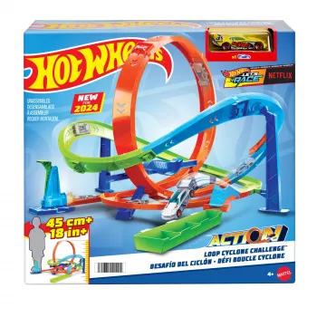 Hot Wheels Action Loop Cyclone Challenge Pista con coche de juguete a escala 1:64, fácil almacenamiento