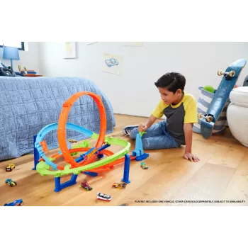 Hot Wheels Action Loop Cyclone Challenge Pista con coche de juguete a escala 1:64, fácil almacenamiento