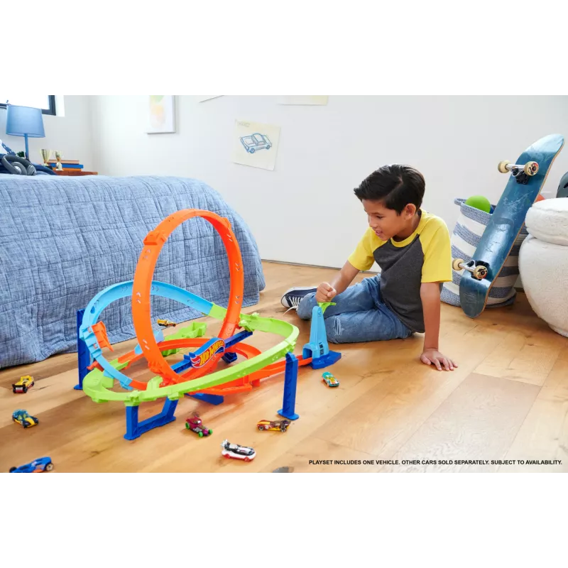 Hot Wheels Action Loop Cyclone Challenge Pista con coche de juguete a escala 1:64, fácil almacenamiento