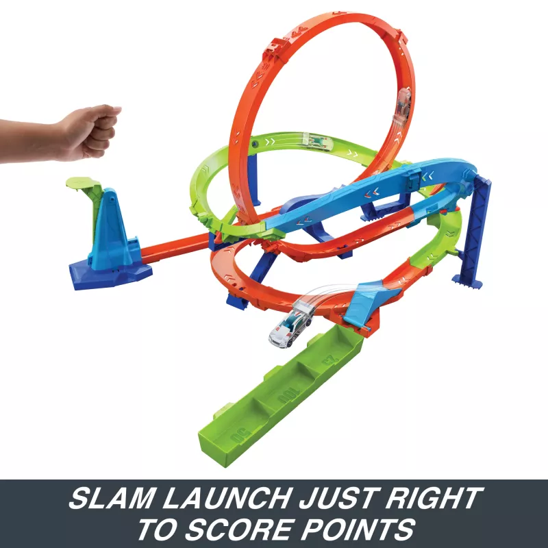 Hot Wheels Action Loop Cyclone Challenge Pista con coche de juguete a escala 1:64, fácil almacenamiento