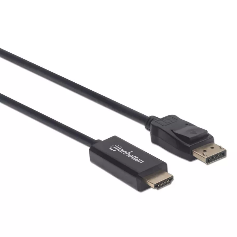 Manhattan Cable DisplayPort 1.2 a HDMI, 4K@60Hz, 1m, Conector macho a conector macho, DP con bloqueo, Negro, no bidireccional, tres años de garantía, Compatible con 3F-DP-HDMI-4K60-HDR