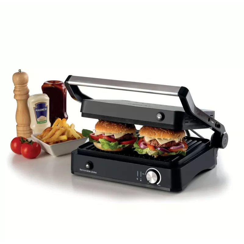 Ariete 1934 MetalGrill 3in1, Parrilla eléctrica para parrilla mixta, 2000 W, 3 modos de cocción, placas antiadherentes, Plata/Negro