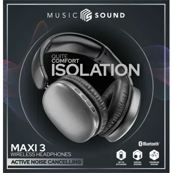 Music Sound MAXI3 MAXI3 Auriculares inalámbricos over-ear con cancelación activa de ruido: experiencia auditiva inmersiva y sin distracciones, hasta 35 horas de autonomía. Diseño moderno, comodidad, estilo y un sonido potente y revolucionario.