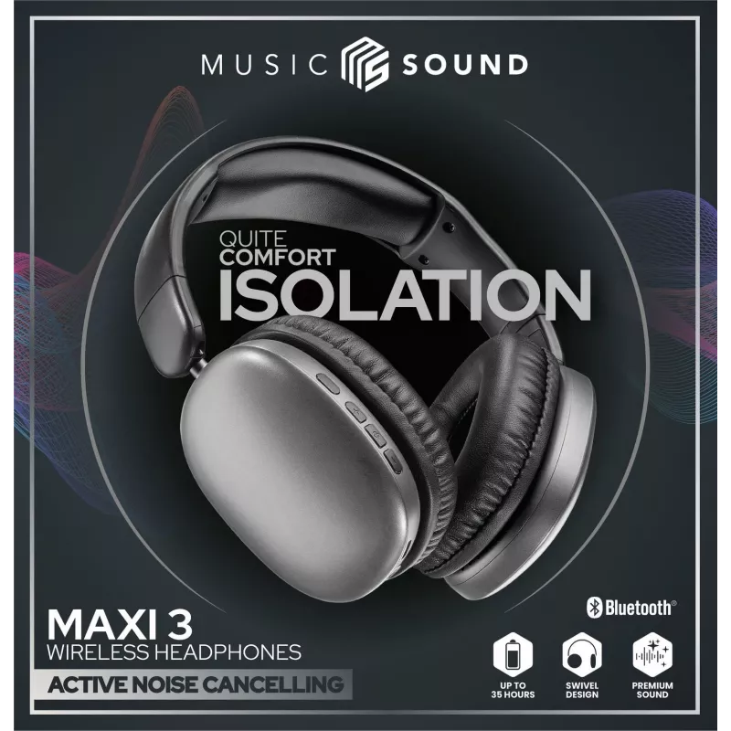 Music Sound MAXI3 MAXI3 Auriculares inalámbricos over-ear con cancelación activa de ruido: experiencia auditiva inmersiva y sin distracciones, hasta 35 horas de autonomía. Diseño moderno, comodidad, estilo y un sonido potente y revolucionario.