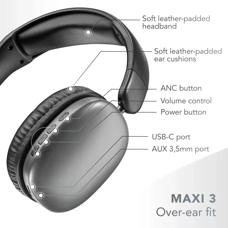 Music Sound MAXI3 MAXI3 Auriculares inalámbricos over-ear con cancelación activa de ruido: experiencia auditiva inmersiva y sin distracciones, hasta 35 horas de autonomía. Diseño moderno, comodidad, estilo y un sonido potente y revolucionario.