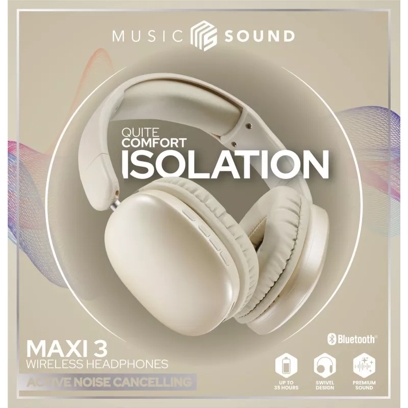 Music Sound MAXI3 MAXI3 Auriculares inalámbricos over-ear con cancelación activa de ruido: experiencia auditiva inmersiva y sin distracciones, hasta 35 horas de autonomía. Diseño moderno, comodidad, estilo y un sonido potente y revolucionario.