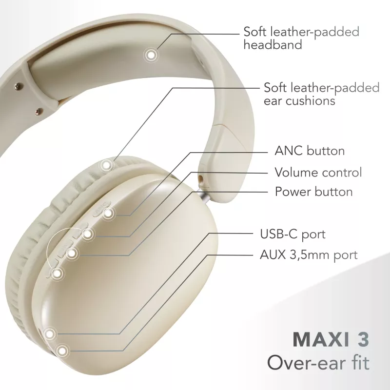 Music Sound MAXI3 MAXI3 Auriculares inalámbricos over-ear con cancelación activa de ruido: experiencia auditiva inmersiva y sin distracciones, hasta 35 horas de autonomía. Diseño moderno, comodidad, estilo y un sonido potente y revolucionario.