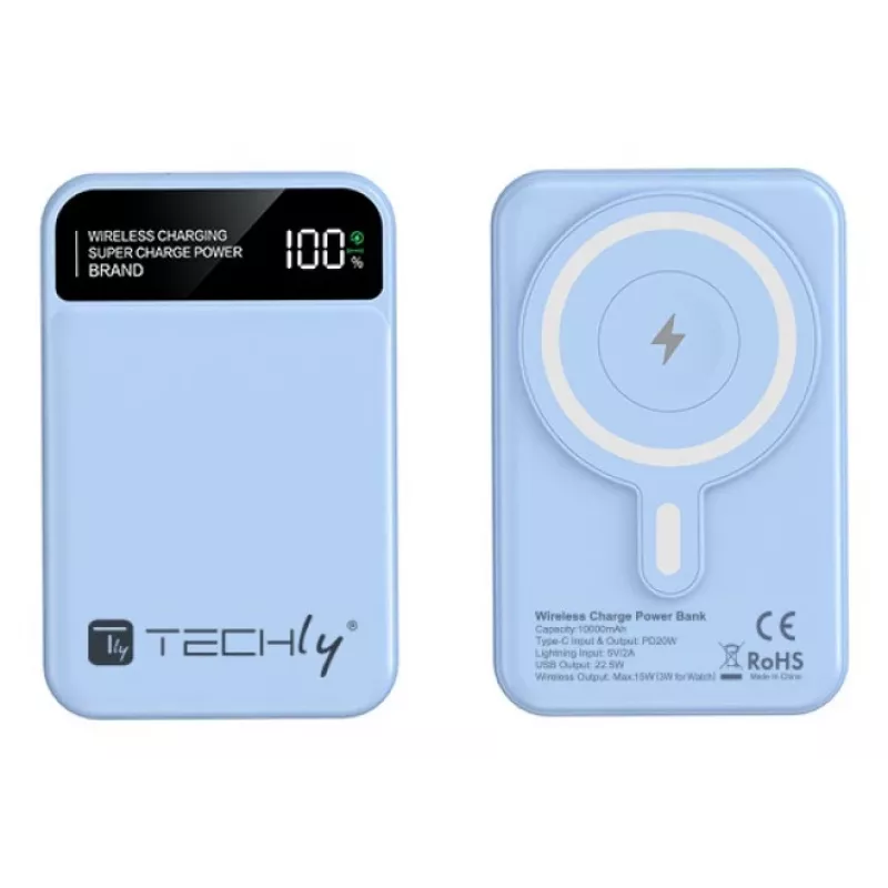 Techly I-CHARGE-10LCDBL Batería externa Polímero de litio (LiPo) 10000 mAh Carga inalámbrica Azul