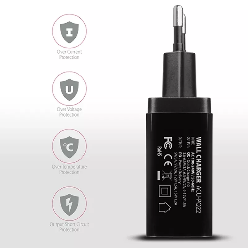 Axagon ACU-PQ22 Cargador para dispositivos móviles Teléfono móvil, batería externa, smartphone, smartwatch, tablet, universal Negro Carga rápida AC Interior