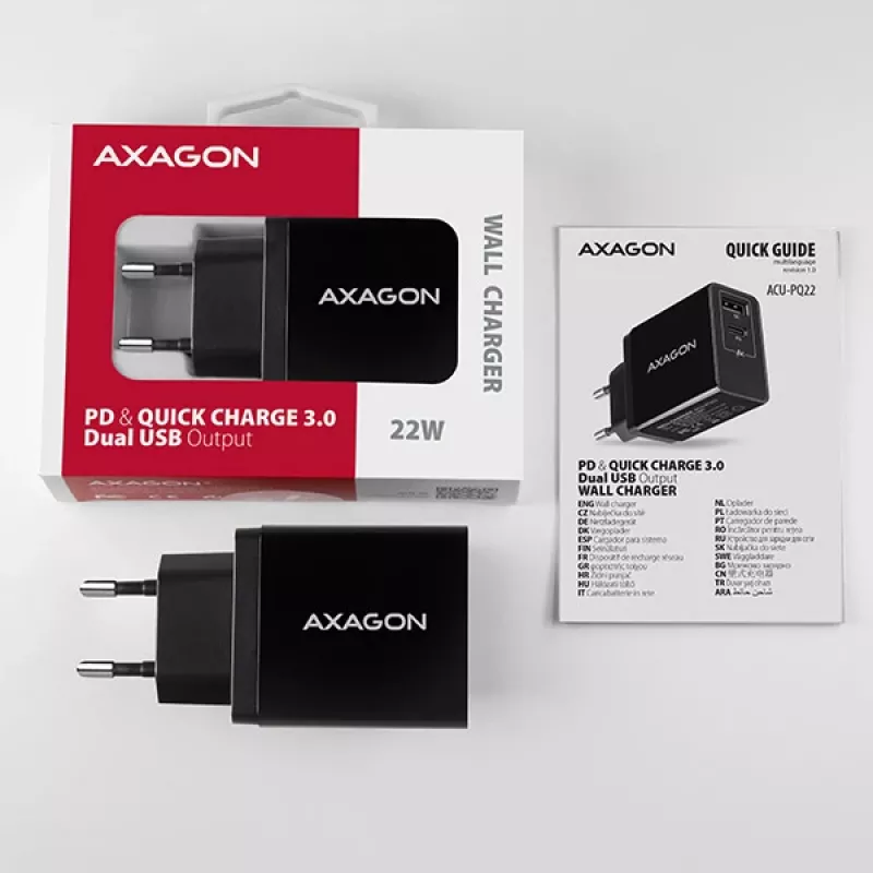 Axagon ACU-PQ22 Cargador para dispositivos móviles Teléfono móvil, batería externa, smartphone, smartwatch, tablet, universal Negro Carga rápida AC Interior