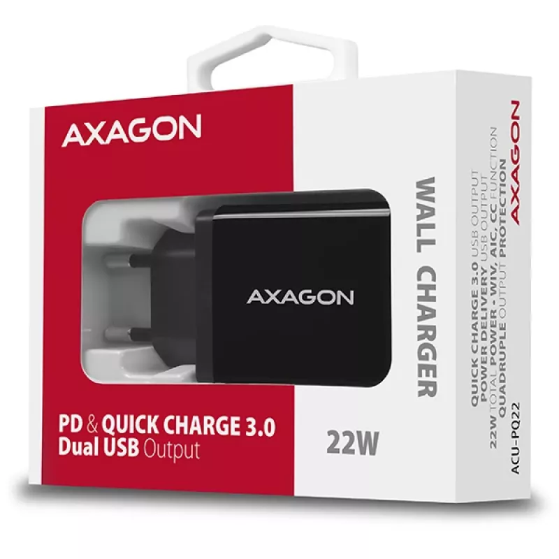 Axagon ACU-PQ22 Cargador para dispositivos móviles Teléfono móvil, batería externa, smartphone, smartwatch, tablet, universal Negro Carga rápida AC Interior