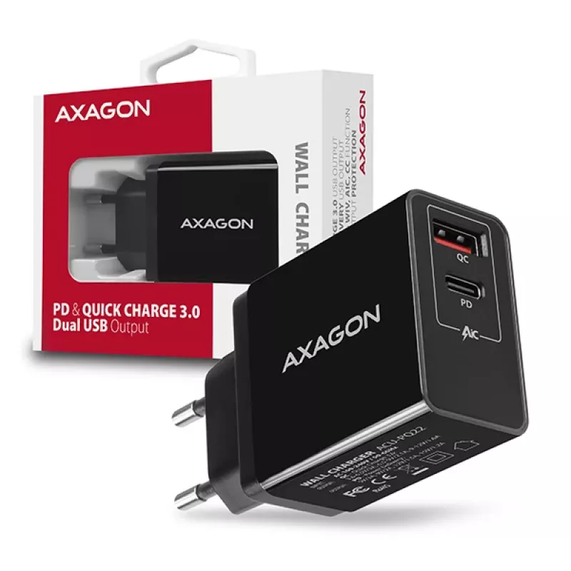 Axagon ACU-PQ22 Cargador para dispositivos móviles Teléfono móvil, batería externa, smartphone, smartwatch, tablet, universal Negro Carga rápida AC Interior