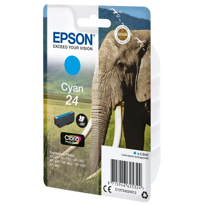 Epson Elephant Unidad individual Cian 24 Tinta Claria Photo HD, cian, 4,6 ml, 1 ud., 360 páginas