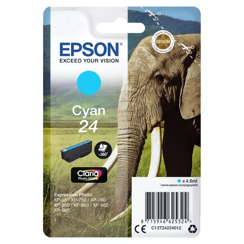 Epson Elephant Unidad individual Cian 24 Tinta Claria Photo HD, cian, 4,6 ml, 1 ud., 360 páginas