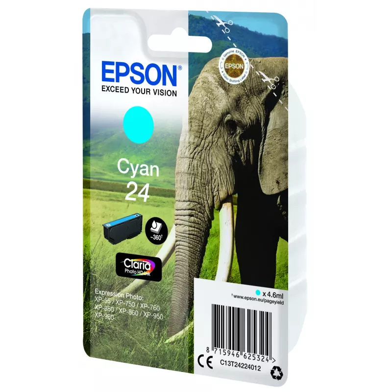 Epson Elephant Unidad individual Cian 24 Tinta Claria Photo HD, cian, 4,6 ml, 1 ud., 360 páginas