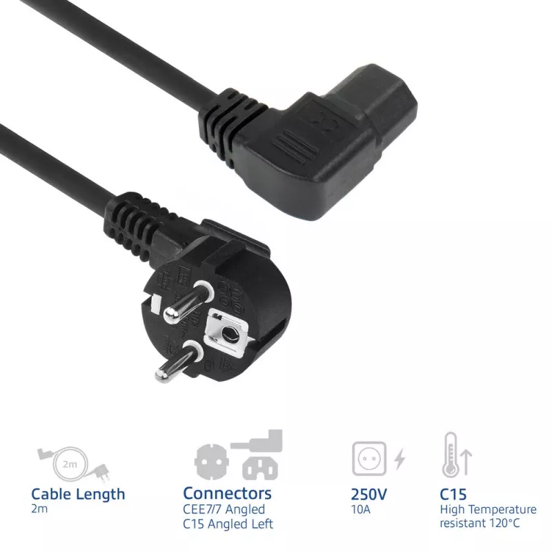 ACT cable de alimentación conector de red CEE7/7 (acodado) - C15 (acodado a la izquierda) IEC60320 negro 2 m